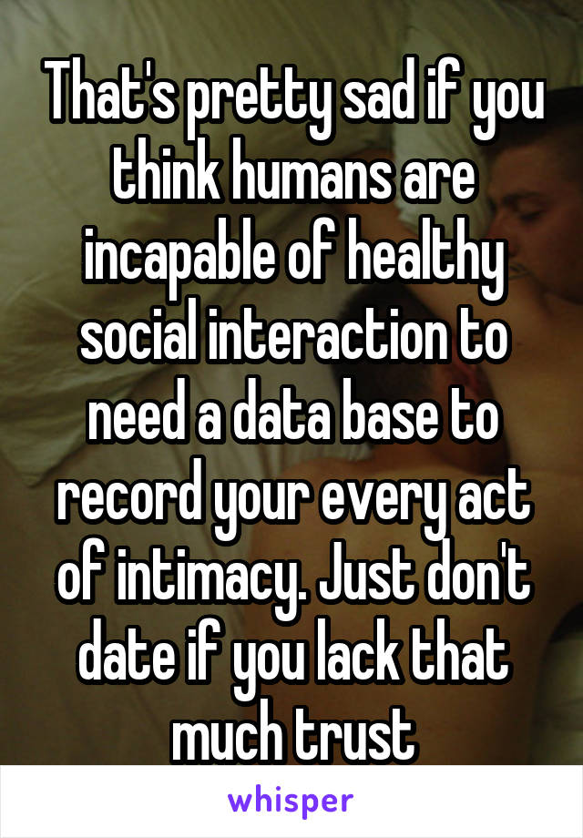 That's pretty sad if you think humans are incapable of healthy social interaction to need a data base to record your every act of intimacy. Just don't date if you lack that much trust