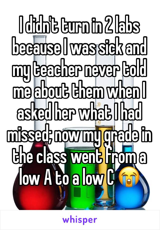 I didn't turn in 2 labs because I was sick and my teacher never told me about them when I asked her what I had missed; now my grade in the class went from a low A to a low C 😭