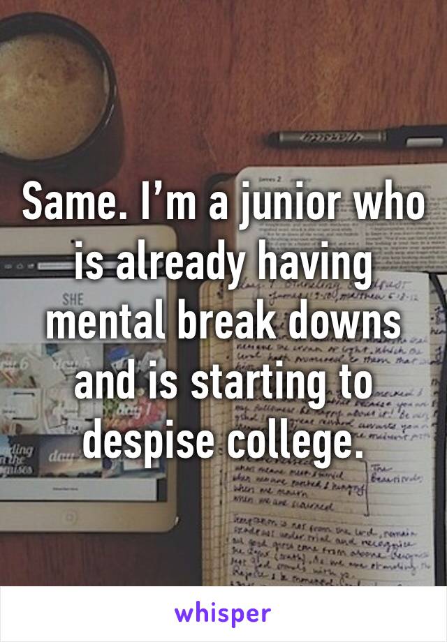 Same. I’m a junior who is already having mental break downs and is starting to despise college. 