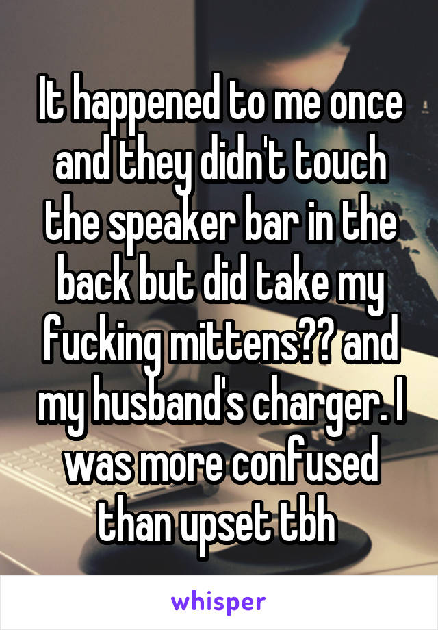 It happened to me once and they didn't touch the speaker bar in the back but did take my fucking mittens?? and my husband's charger. I was more confused than upset tbh 