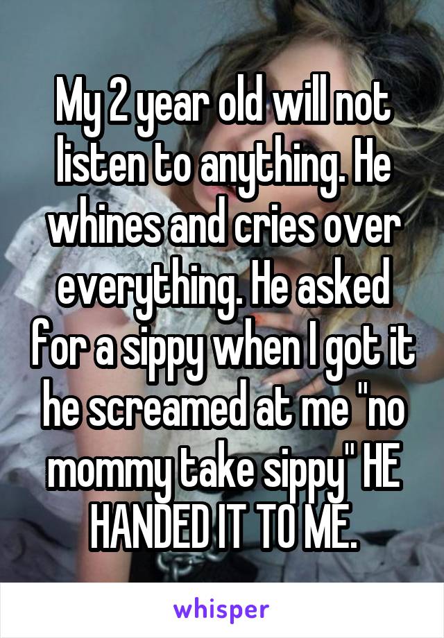My 2 year old will not listen to anything. He whines and cries over everything. He asked for a sippy when I got it he screamed at me "no mommy take sippy" HE HANDED IT TO ME.
