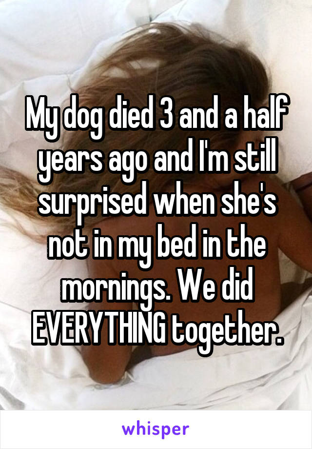 My dog died 3 and a half years ago and I'm still surprised when she's not in my bed in the mornings. We did EVERYTHING together.