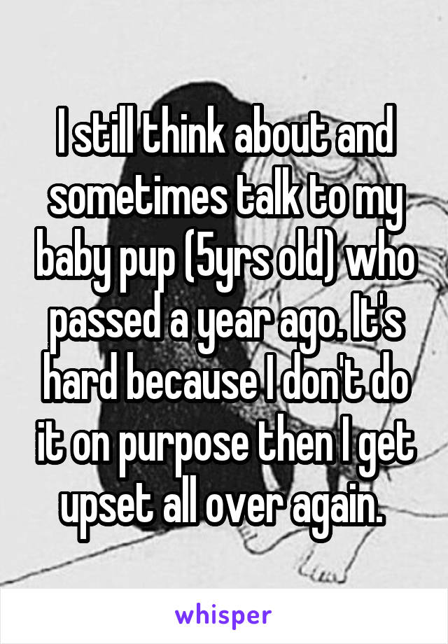 I still think about and sometimes talk to my baby pup (5yrs old) who passed a year ago. It's hard because I don't do it on purpose then I get upset all over again. 