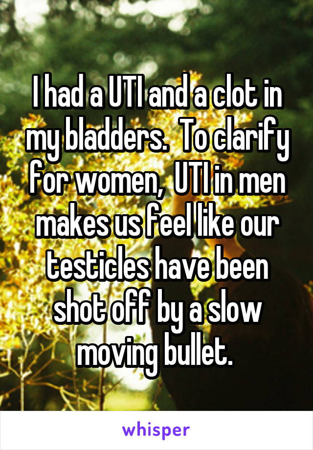 I had a UTI and a clot in my bladders.  To clarify for women,  UTI in men makes us feel like our testicles have been shot off by a slow moving bullet. 