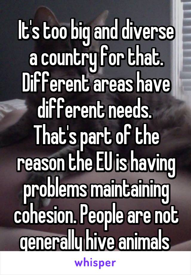 It's too big and diverse a country for that. Different areas have different needs. 
That's part of the reason the EU is having problems maintaining cohesion. People are not generally hive animals 