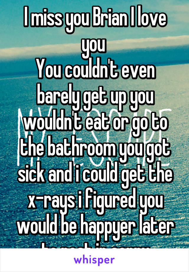 I miss you Brian I love you 
You couldn't even barely get up you wouldn't eat or go to the bathroom you got sick and i could get the x-rays i figured you would be happyer later to rest in sorry