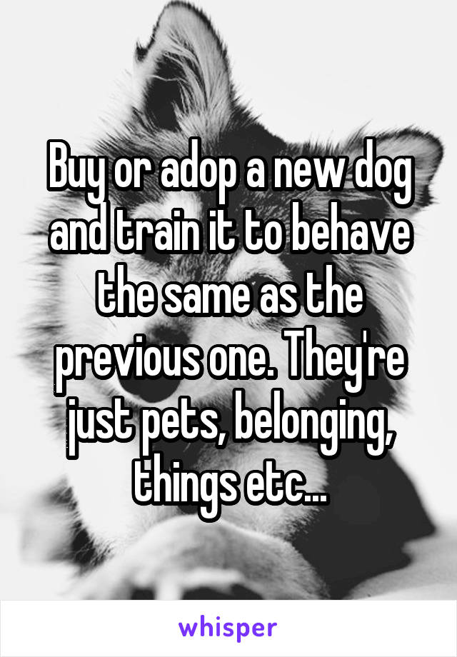 Buy or adop a new dog and train it to behave the same as the previous one. They're just pets, belonging, things etc...