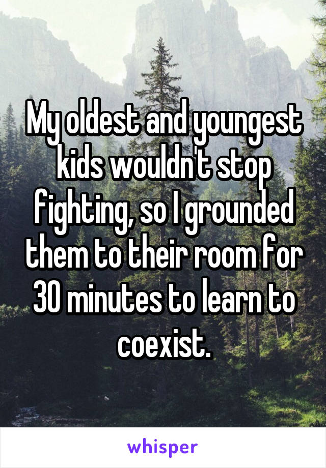 My oldest and youngest kids wouldn't stop fighting, so I grounded them to their room for 30 minutes to learn to coexist.