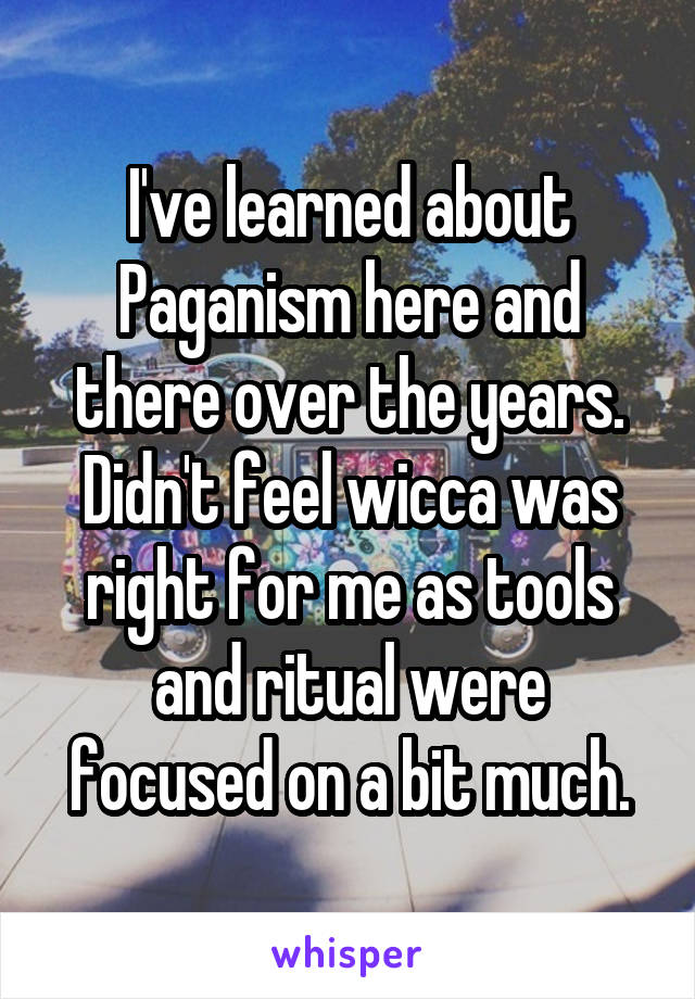 I've learned about Paganism here and there over the years. Didn't feel wicca was right for me as tools and ritual were focused on a bit much.