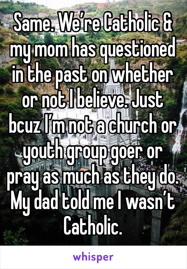 Same. We’re Catholic & my mom has questioned in the past on whether or not I believe. Just bcuz I’m not a church or youth group goer or pray as much as they do. My dad told me I wasn’t Catholic.