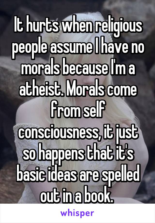 It hurts when religious people assume I have no morals because I'm a atheist. Morals come from self consciousness, it just so happens that it's basic ideas are spelled out in a book. 