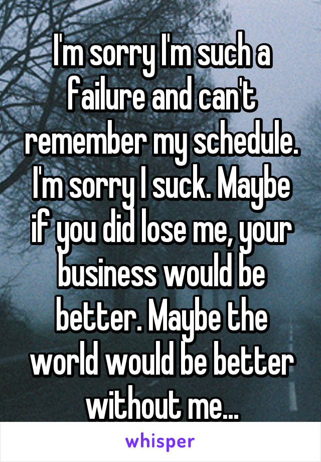 I'm sorry I'm such a failure and can't remember my schedule. I'm sorry I suck. Maybe if you did lose me, your business would be better. Maybe the world would be better without me...
