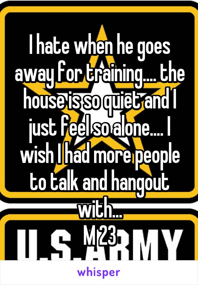I hate when he goes away for training.... the house is so quiet and I just feel so alone.... I wish I had more people to talk and hangout with...
M 23