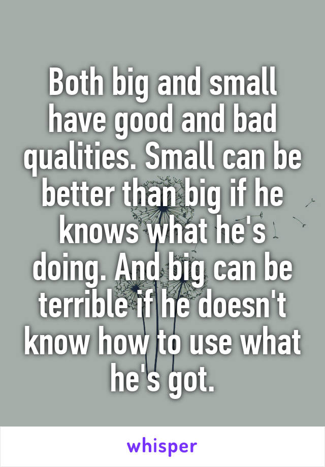 Both big and small have good and bad qualities. Small can be better than big if he knows what he's doing. And big can be terrible if he doesn't know how to use what he's got.