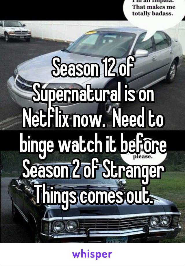 Season 12 of Supernatural is on Netflix now.  Need to binge watch it before Season 2 of Stranger Things comes out.