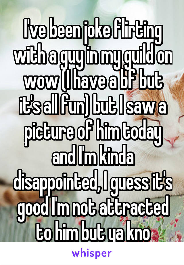 I've been joke flirting with a guy in my guild on wow (I have a bf but it's all fun) but I saw a picture of him today and I'm kinda disappointed, I guess it's good I'm not attracted to him but ya kno