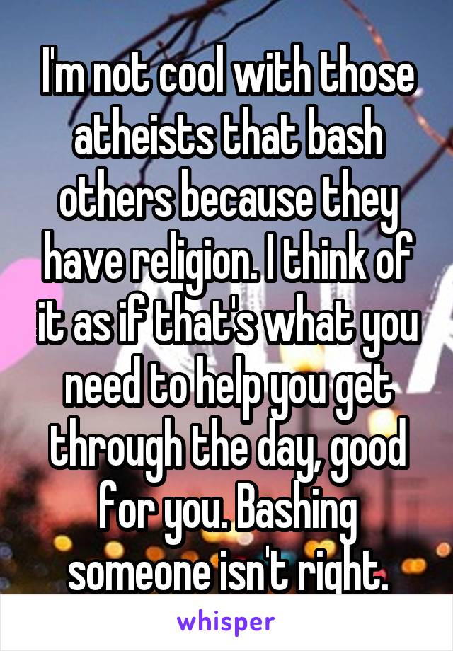 I'm not cool with those atheists that bash others because they have religion. I think of it as if that's what you need to help you get through the day, good for you. Bashing someone isn't right.