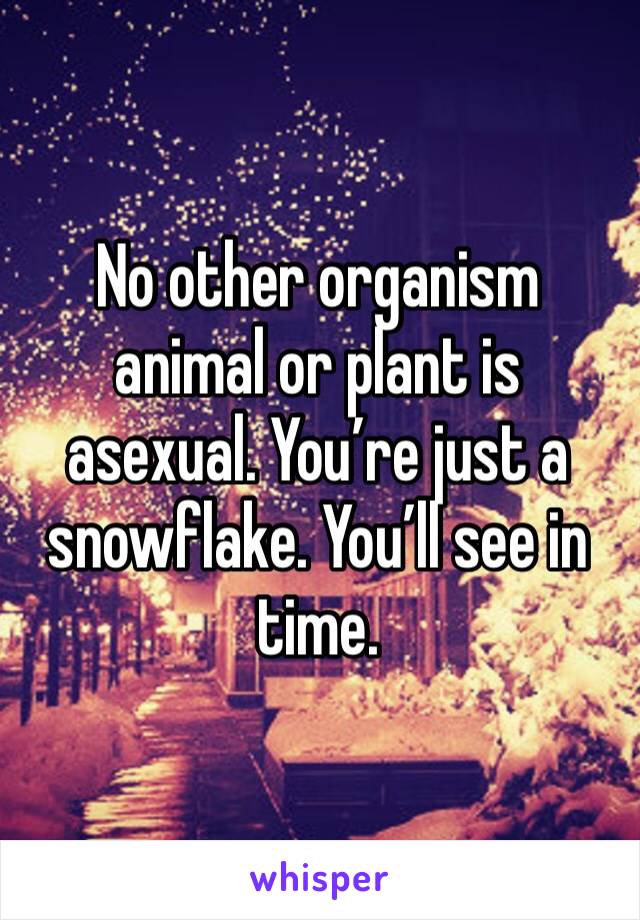 No other organism animal or plant is asexual. You’re just a snowflake. You’ll see in time. 