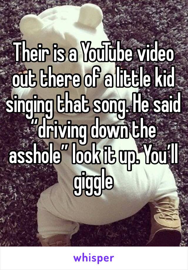 Their is a YouTube video out there of a little kid singing that song. He said  “driving down the asshole” look it up. You’ll giggle 