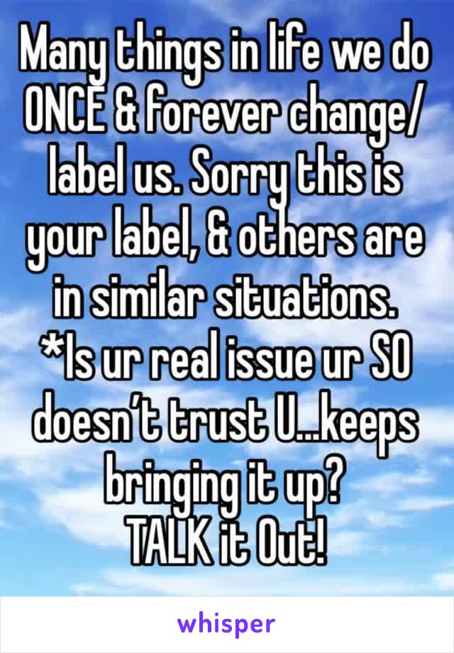 Many things in life we do ONCE & forever change/label us. Sorry this is your label, & others are in similar situations. 
*Is ur real issue ur SO doesn’t trust U...keeps bringing it up? 
TALK it Out! 