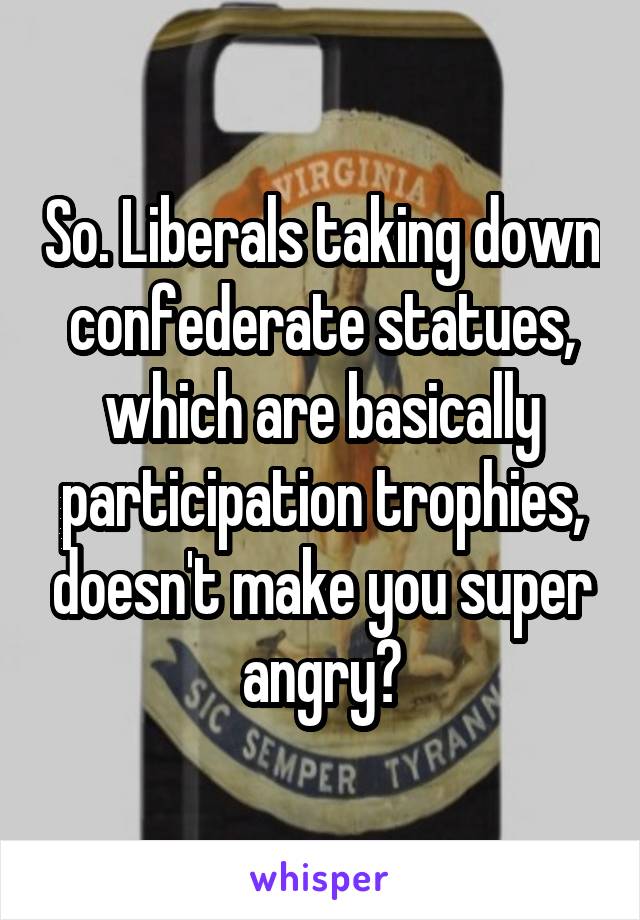 So. Liberals taking down confederate statues, which are basically participation trophies, doesn't make you super angry?