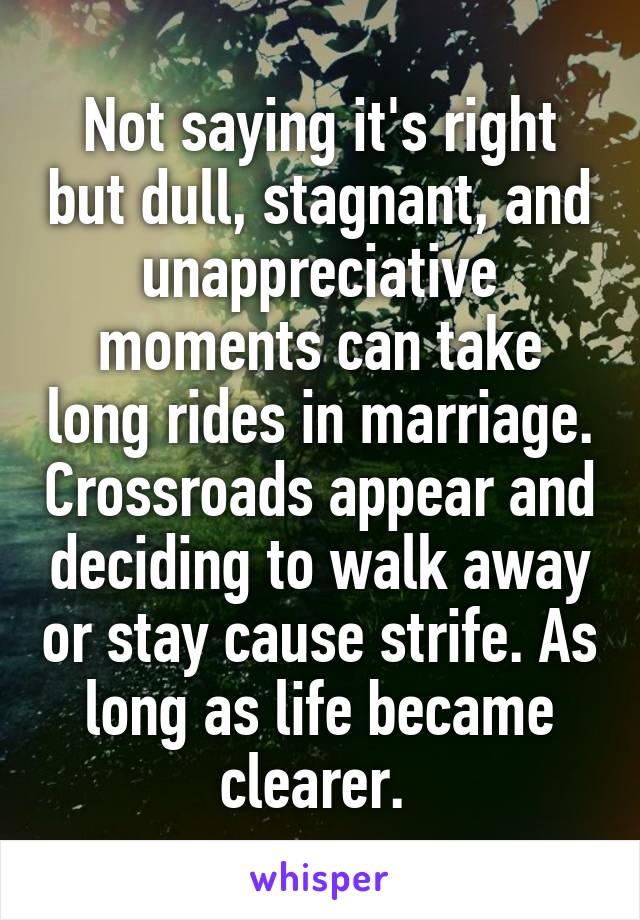 Not saying it's right but dull, stagnant, and unappreciative moments can take long rides in marriage. Crossroads appear and deciding to walk away or stay cause strife. As long as life became clearer. 