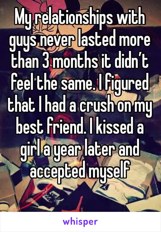 My relationships with guys never lasted more than 3 months it didn’t feel the same. I figured that I had a crush on my best friend. I kissed a girl a year later and accepted myself
