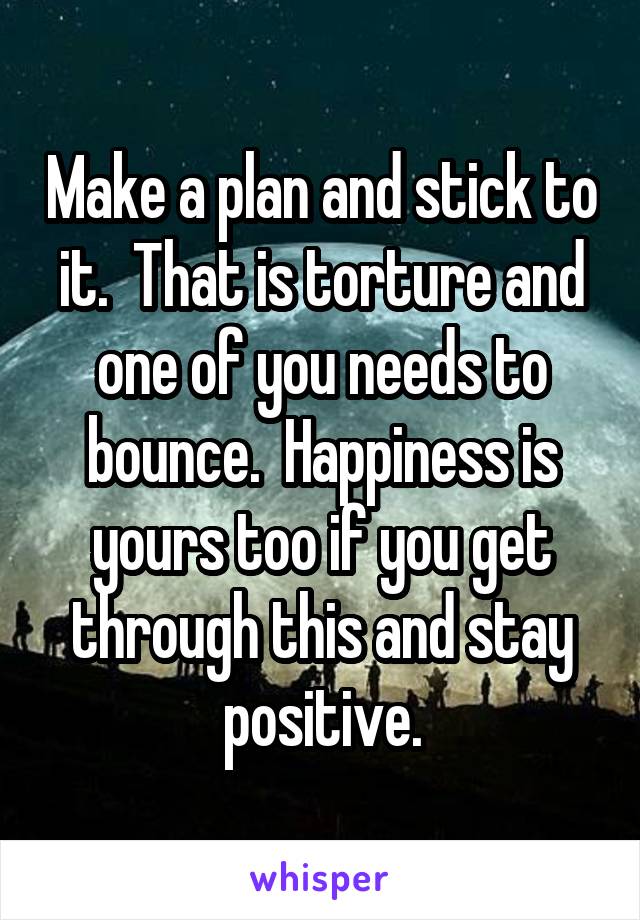 Make a plan and stick to it.  That is torture and one of you needs to bounce.  Happiness is yours too if you get through this and stay positive.