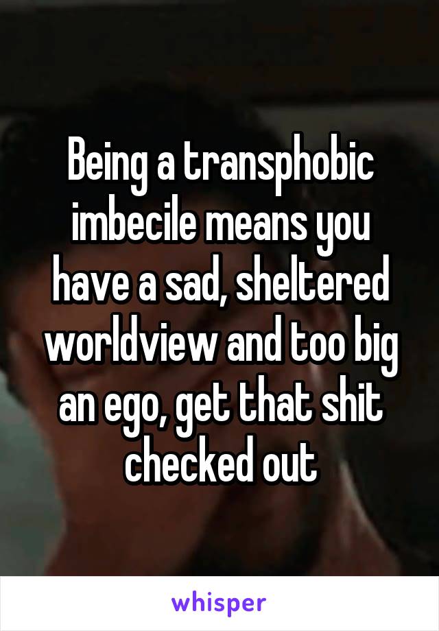 Being a transphobic imbecile means you have a sad, sheltered worldview and too big an ego, get that shit checked out