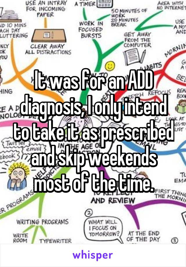 It was for an ADD diagnosis, I only intend to take it as prescribed and skip weekends most of the time.