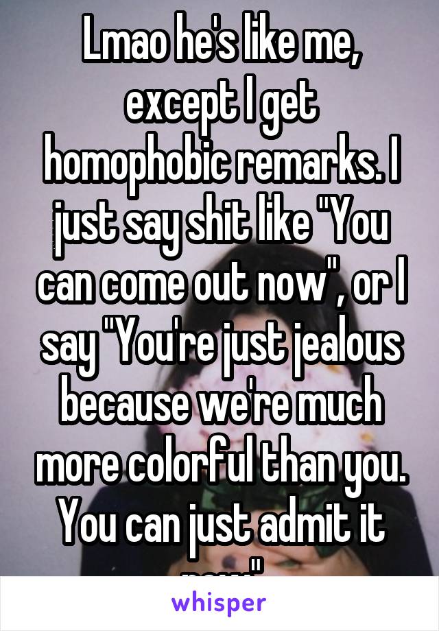 Lmao he's like me, except I get homophobic remarks. I just say shit like "You can come out now", or I say "You're just jealous because we're much more colorful than you. You can just admit it now"