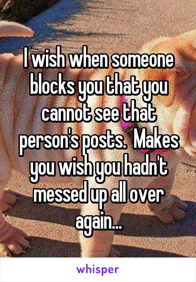 I wish when someone blocks you that you cannot see that person's posts.  Makes you wish you hadn't messed up all over again...