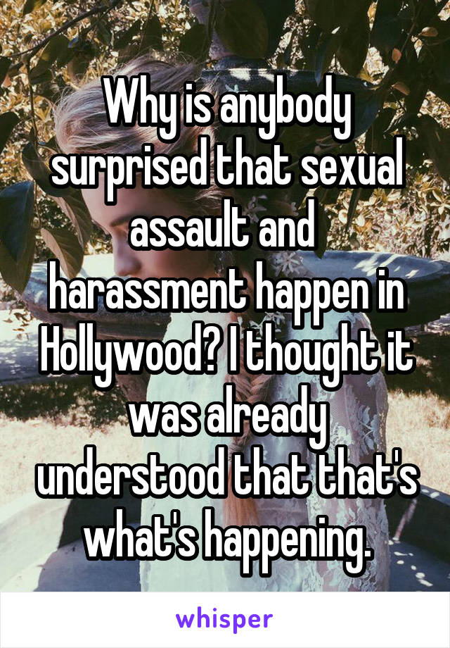 Why is anybody surprised that sexual assault and  harassment happen in Hollywood? I thought it was already understood that that's what's happening.