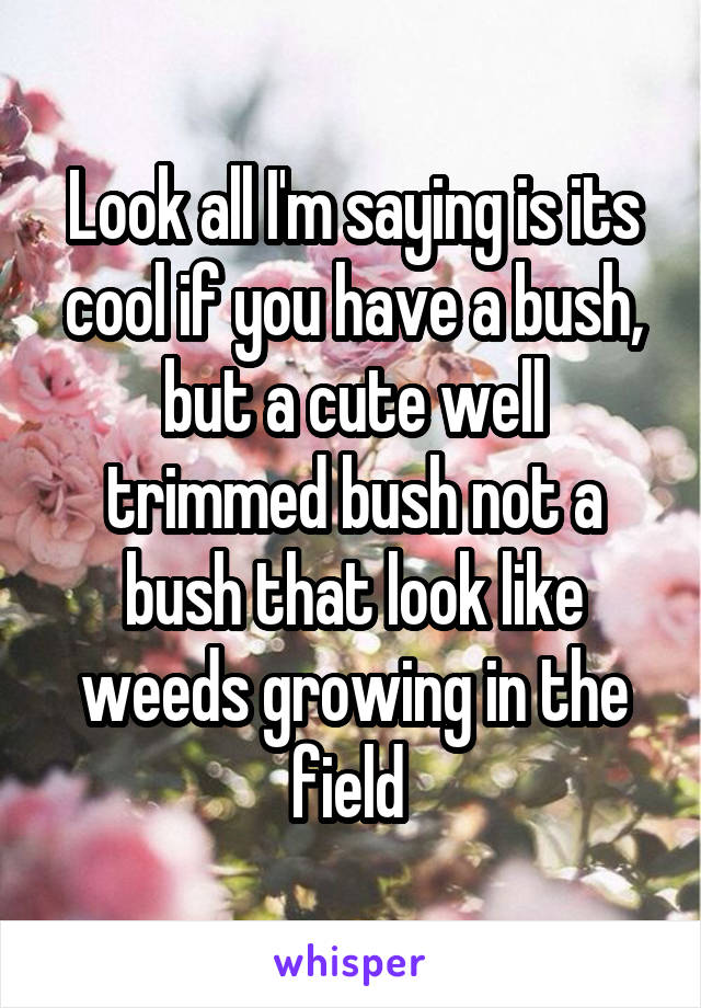 Look all I'm saying is its cool if you have a bush, but a cute well trimmed bush not a bush that look like weeds growing in the field 