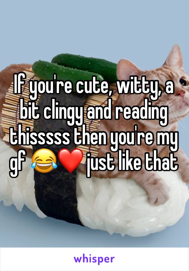 If you're cute, witty, a bit clingy and reading thisssss then you're my gf 😂❤ just like that