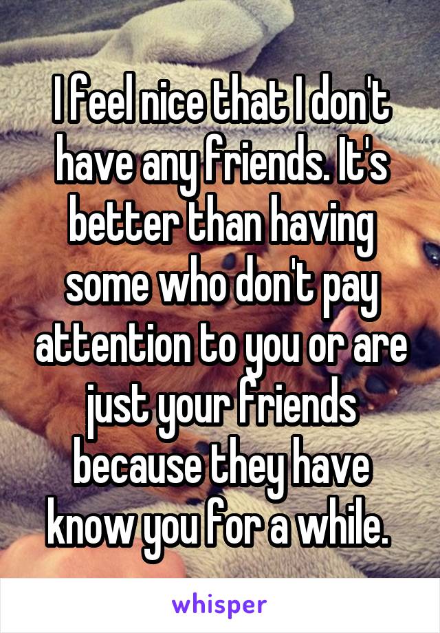 I feel nice that I don't have any friends. It's better than having some who don't pay attention to you or are just your friends because they have know you for a while. 