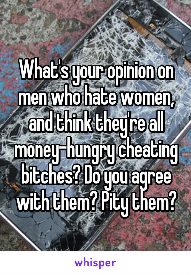 What's your opinion on men who hate women, and think they're all money-hungry cheating bitches? Do you agree with them? Pity them?