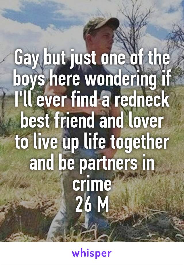 Gay but just one of the boys here wondering if I'll ever find a redneck best friend and lover to live up life together and be partners in crime
26 M