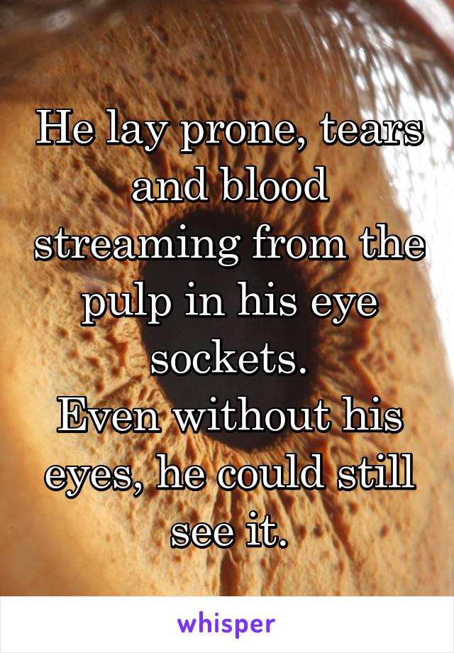 He lay prone, tears and blood streaming from the pulp in his eye sockets.
Even without his eyes, he could still see it.