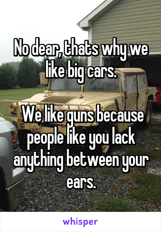 No dear, thats why we like big cars.

 We like guns because people like you lack anything between your ears.