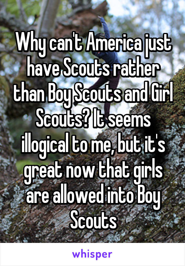 Why can't America just have Scouts rather than Boy Scouts and Girl Scouts? It seems illogical to me, but it's great now that girls are allowed into Boy Scouts