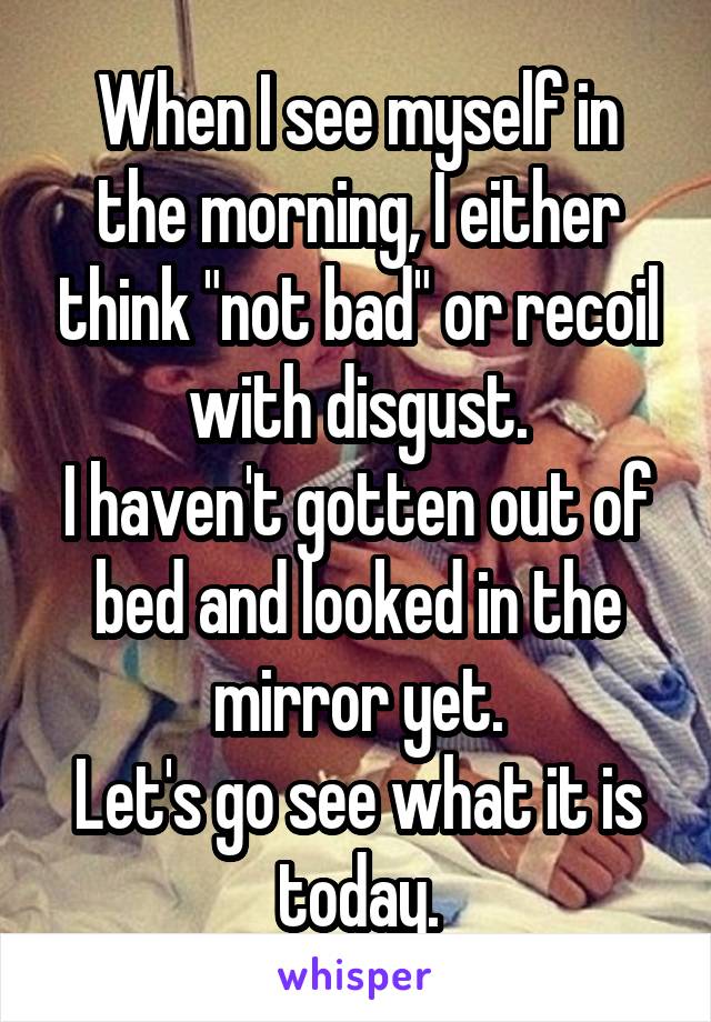 When I see myself in the morning, I either think "not bad" or recoil with disgust.
I haven't gotten out of bed and looked in the mirror yet.
Let's go see what it is today.