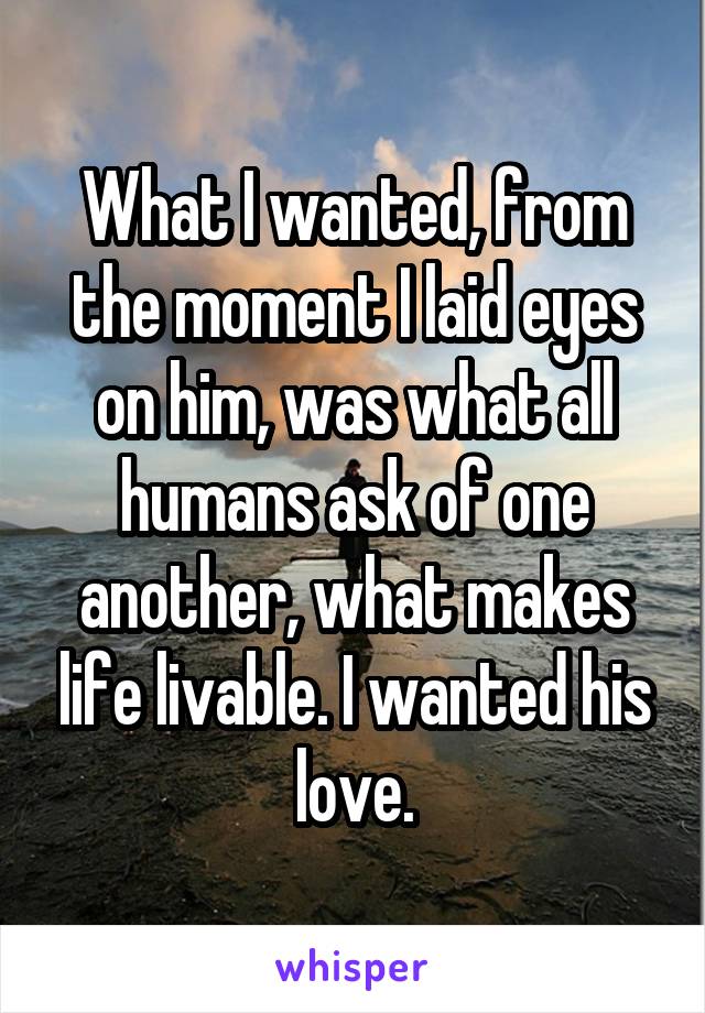 What I wanted, from the moment I laid eyes on him, was what all humans ask of one another, what makes life livable. I wanted his love.