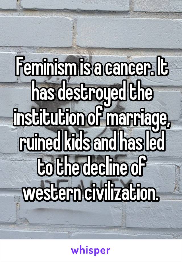 Feminism is a cancer. It has destroyed the institution of marriage, ruined kids and has led to the decline of western civilization. 