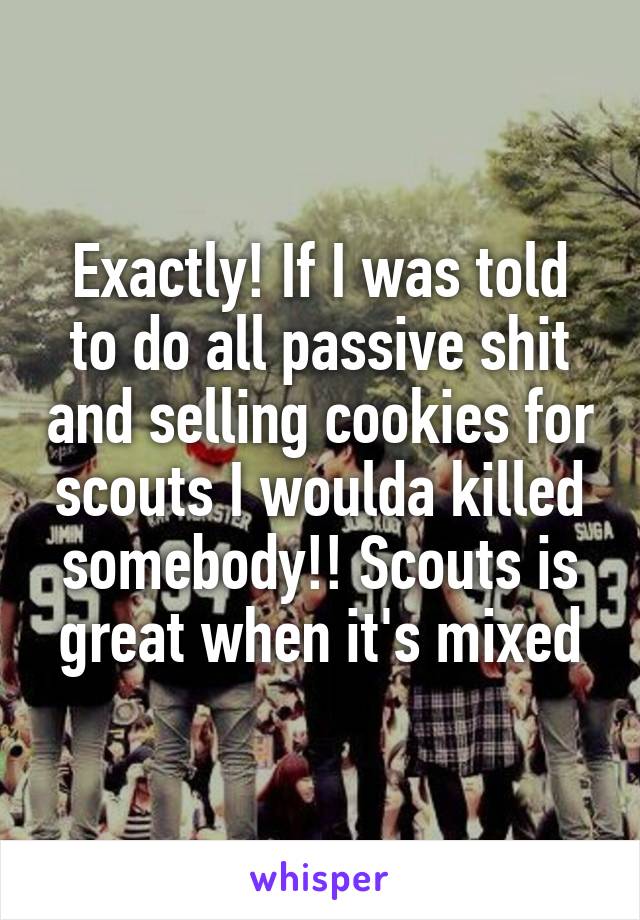 Exactly! If I was told to do all passive shit and selling cookies for scouts I woulda killed somebody!! Scouts is great when it's mixed