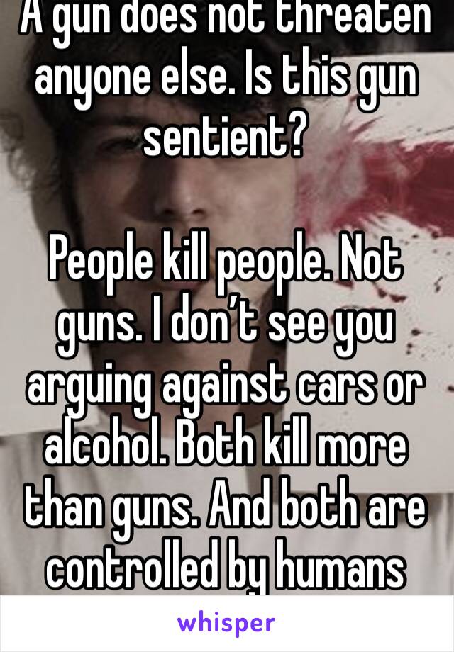 A gun does not threaten anyone else. Is this gun sentient? 

People kill people. Not guns. I don’t see you arguing against cars or alcohol. Both kill more than guns. And both are controlled by humans