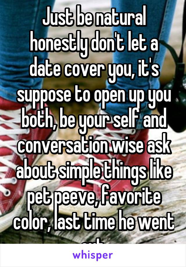 Just be natural honestly don't let a date cover you, it's suppose to open up you both, be your self and conversation wise ask about simple things like pet peeve, favorite color, last time he went out.