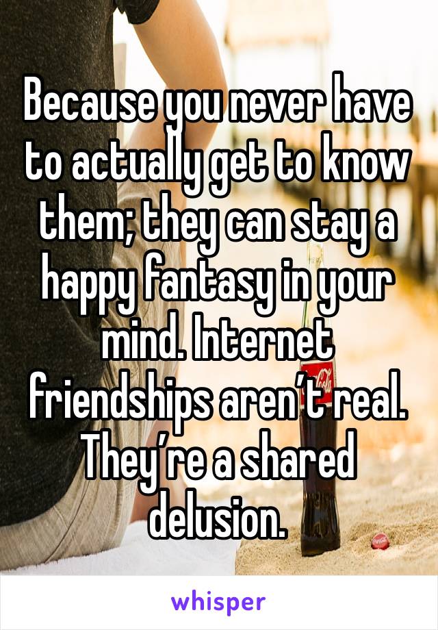 Because you never have to actually get to know them; they can stay a happy fantasy in your mind. Internet friendships aren’t real. They’re a shared delusion. 