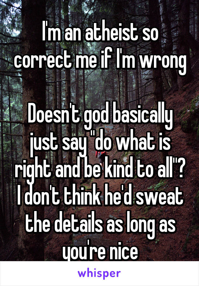 I'm an atheist so correct me if I'm wrong

Doesn't god basically just say "do what is right and be kind to all"? I don't think he'd sweat the details as long as you're nice