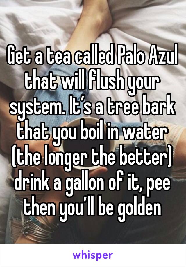 Get a tea called Palo Azul that will flush your system. It’s a tree bark that you boil in water (the longer the better) drink a gallon of it, pee then you’ll be golden